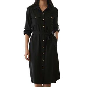 Calvin Klein Black Button-Front Midi Shirt Dress Roll Tab Sleeve